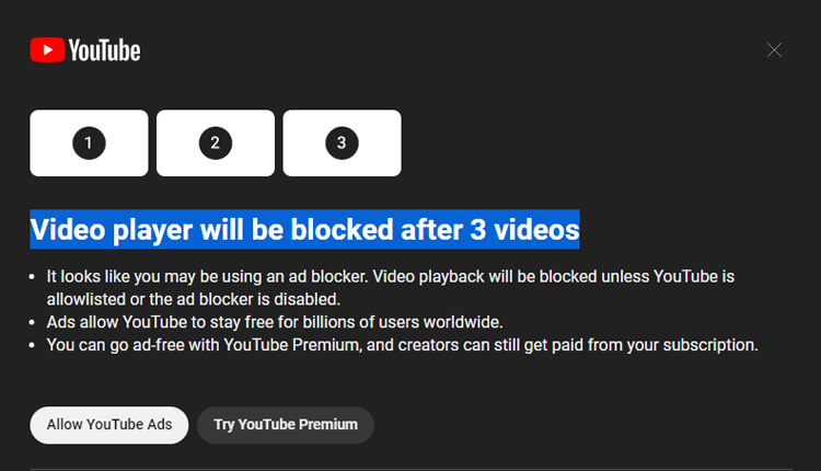 هشدار مسدودکننده تبلیغات یوتیوب