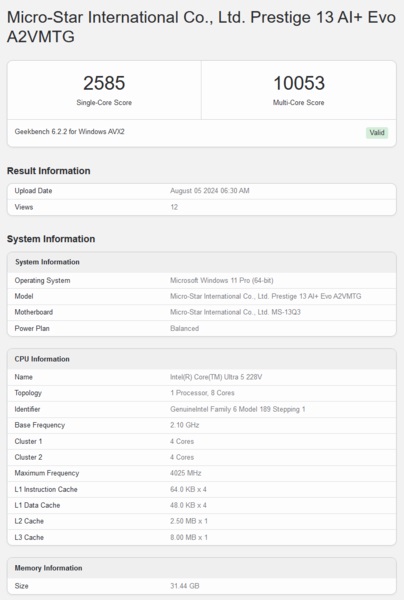 Intel Core Ultra 5 228V Lunar Lake