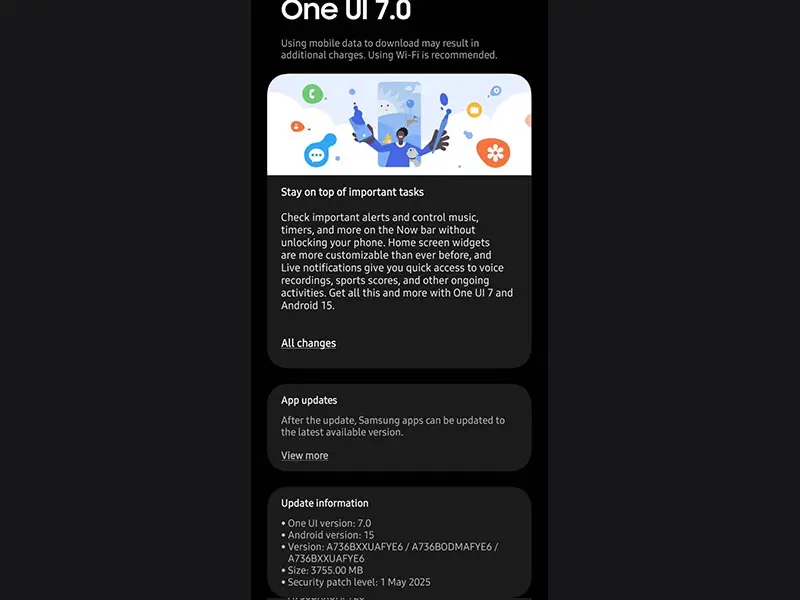 آپدیت One UI 7 بر پایه اندروید 15 برای گلکسی A73 سامسونگ