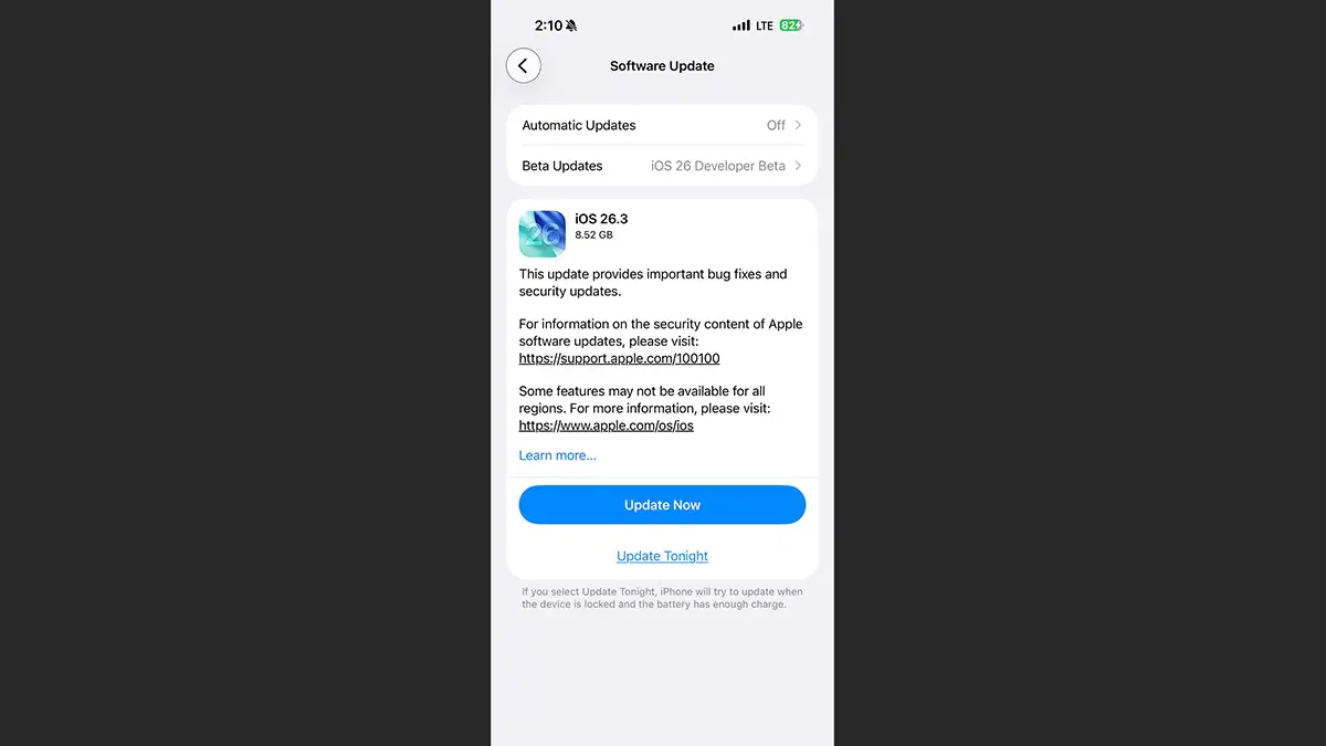 اندازه و حجم آپدیت iOS 26.3