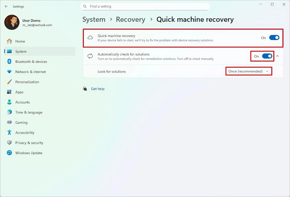 فعال‌سازی Quick Machine Recovery برای ویندوز 11 پرو
